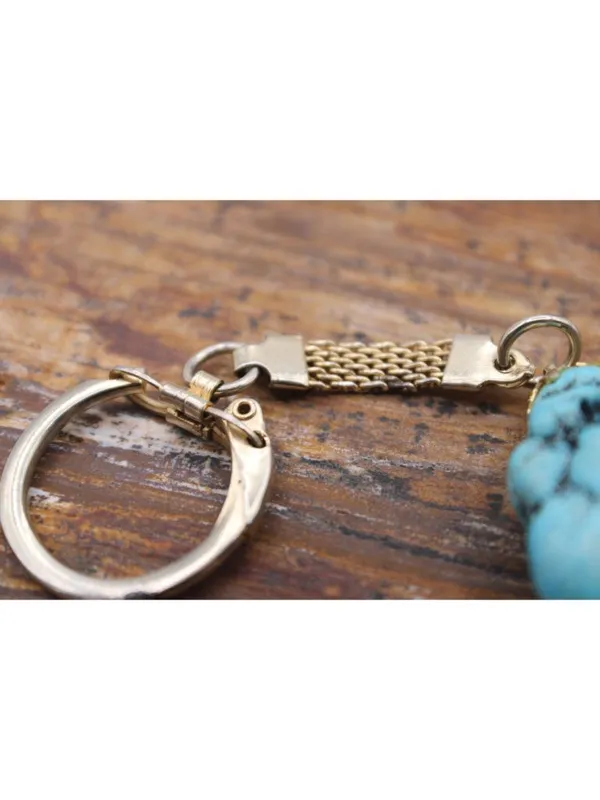 Turquoise Nugget Keychain With Gold-Tone Ring & Mesh Chain Unique Handmade Gift - Image 4