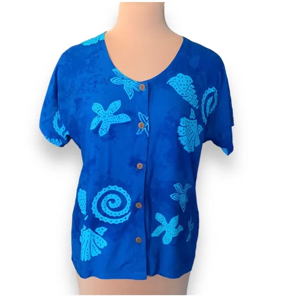Blue Batik Tropical Shell Starfish Rayon Button Front Top Coastal Nautical Beach - Image 3