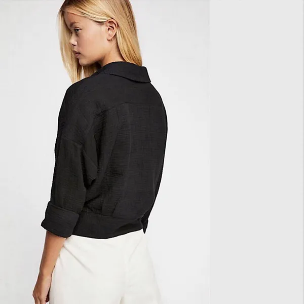 Free People Sunstreaks Tie Front Black Gauzy Cotton Top Button Front Large Beach - Image 2
