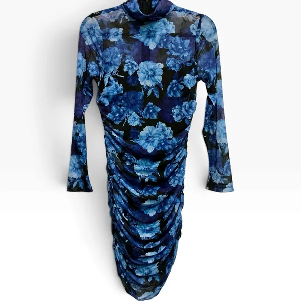 Alice + Olivia Delora Floral Mesh Mini Dress Dream Royalty Ruched Bodycon 6 S - Image 2