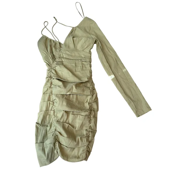 ZARA Linen Blend Asymmetric Olive Green Mini Dress XS Draped - Image 2