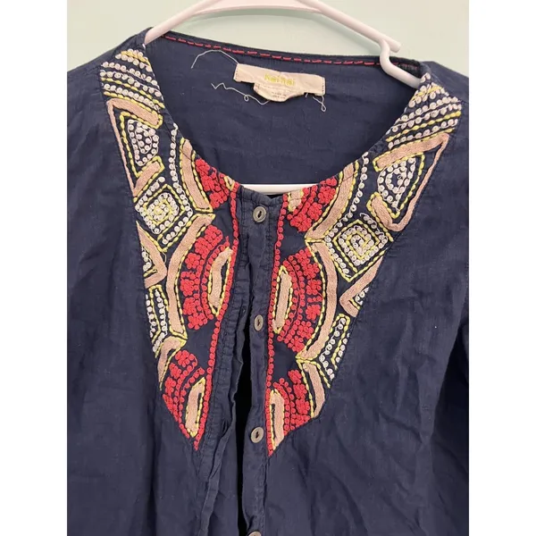 Anthropologie Hei Hei‎ Embroidered Button Down Blouse 0 Tunic Blue Red - Image 4
