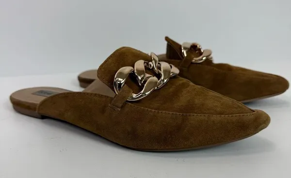 Steve Madden Finn Chain Pointed Toe Chestnut Suede Mules Gold Chain Size 8.5 - Image 4