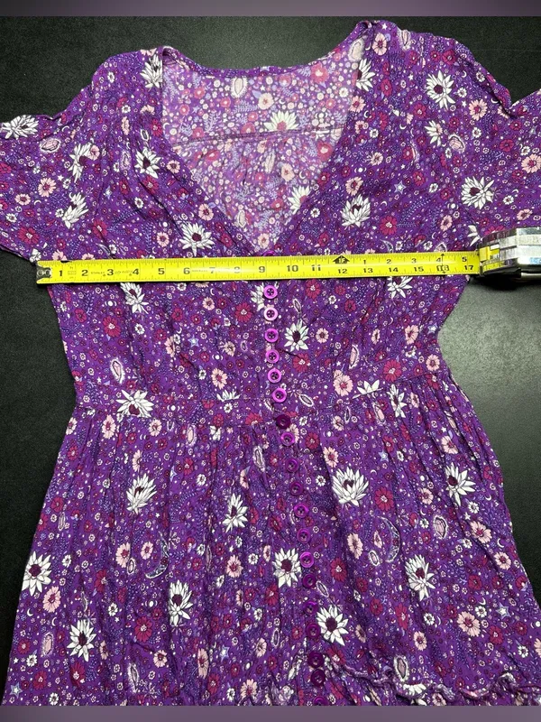 Handmade Purple Bohemian Size M Floral Button-Up Tiered Long Sleeve Maxi Dress - Image 3