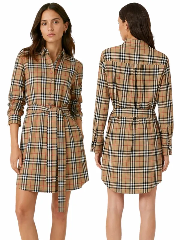 Burberry Giovanna Vintage Check Poplin Cotton Shirt Dress Beige Size 4 - Image 2