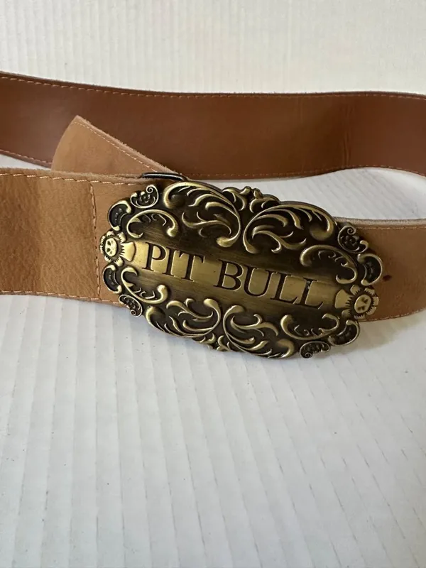 Vintage Pit Bull Leather Belt Antique Brass Buckle Tan Western Cowboy Unisex 40" - Image 3