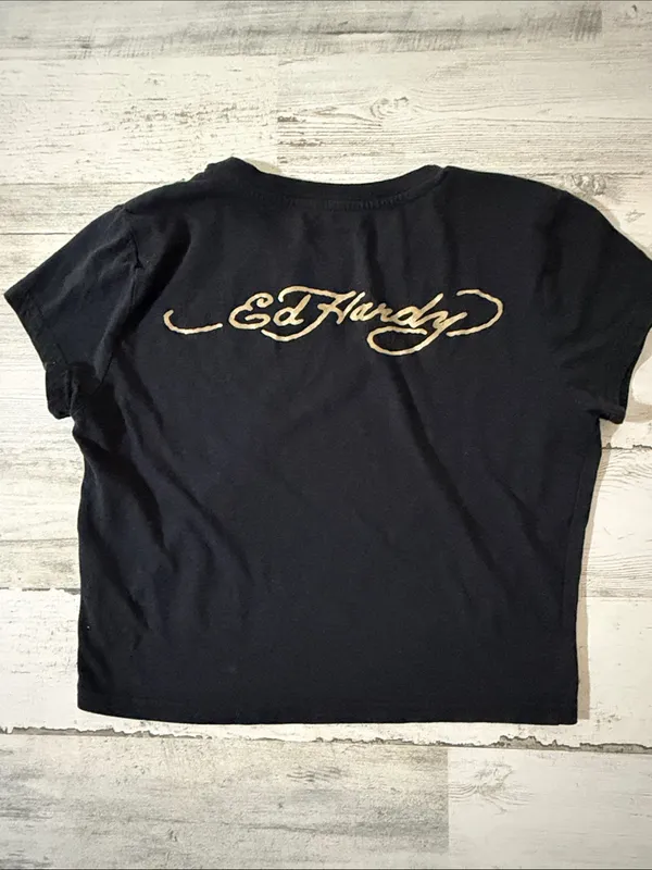Ed Hardy Black Crop Baby Doll Tee with Red Butterfly & Gold Script - Image 4