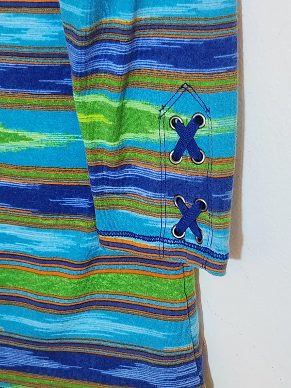 Lauren Ralph Lauren Blue and Green Southwestern Stripe Boat Neck Tee Size Medium - Image 3