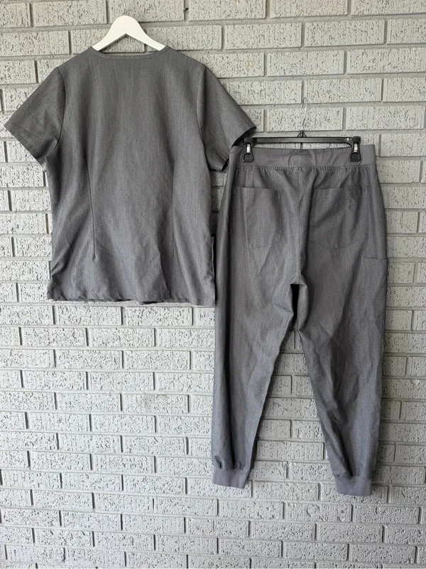 Mandala Scrub Set Charcoal Grey V Neck Top High Waisted Joggers Size Medium - Image 8