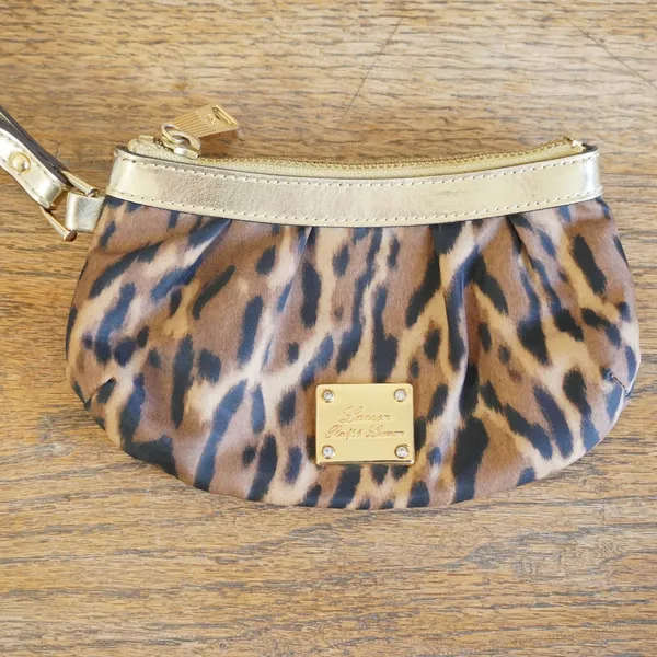 Lauren Ralph Lauren Leopard Print Mini Wristlet Pouch Gold Trim Animal Print Bag - Image 2