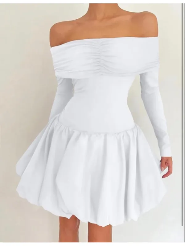 NEW White Off Shoulder Mini Bubble Dress Long Sleeve Drop Waist M - Image 6