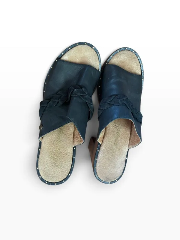 Free people size 38 8 chunky leather Black Braided Open-Toe Clog Mules - Image 2