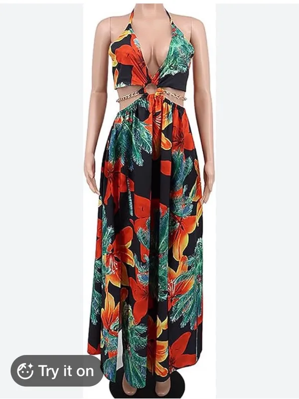 Women's Floral Print Chain Decor Split Thigh Tie Back Cami Dress - Image 4