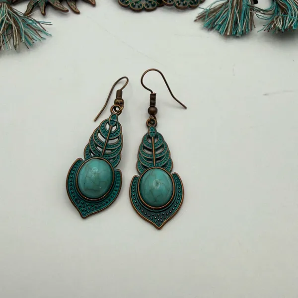 Boho Turquoise 13 Pair Dangle Earrings Bundle | Tassel Feather Shell Bronze - Image 7