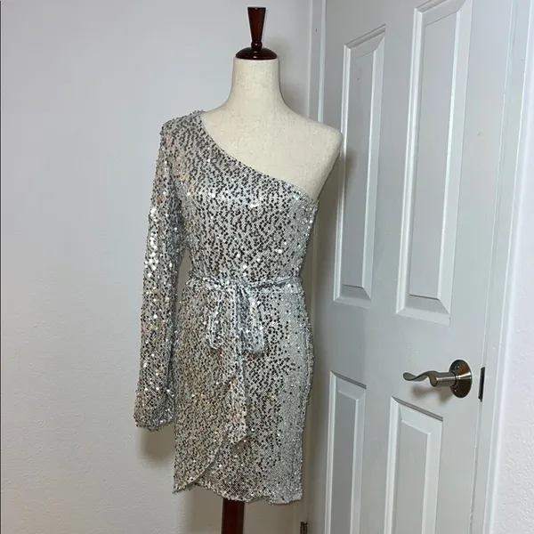 Bebe Silver Asymmetrical Sequin Bodycon‎ Dress - Image 2