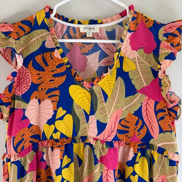 Umgee Tropical Leaf Flutter Sleeve Babydoll Mini Dress C3776 Blue‎ Pink Mens M - Image 12