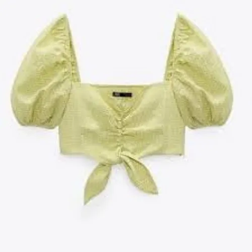 Zara Women Crop Top XS Yellow Gingham Puff Sleeve Front Tie Smocked Back - Image 2