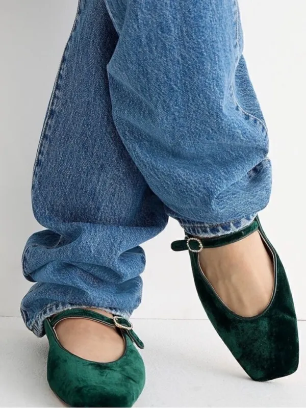 J. Crew Forest Green Velvet Anya Mary Jane Flats with Rhinestone Buckle Size 6 - Image 2