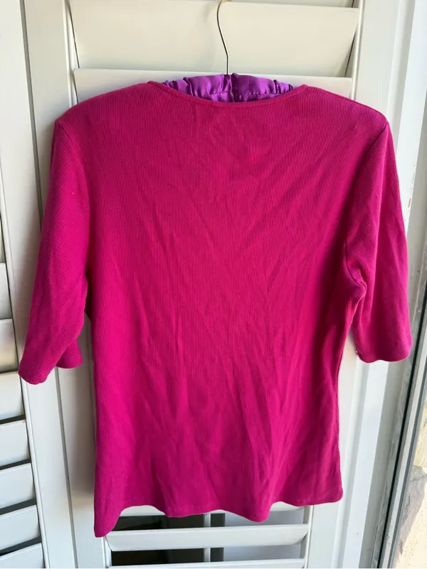 Sezane Fuchsia Short Sleeve Ribbed Polo Top - Image 5