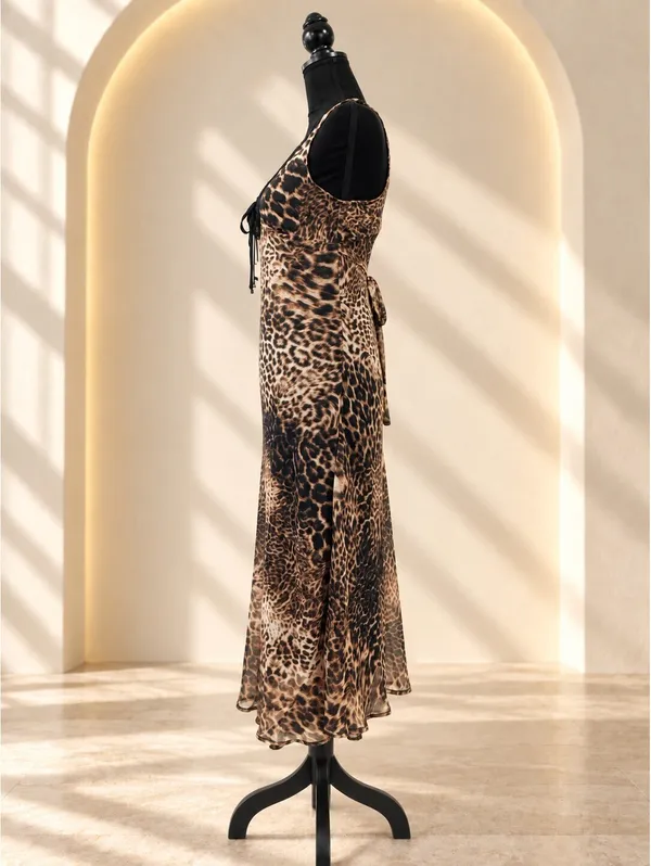 Haute Monde Maxi Dress Leopard Print V-Neck Lace Trim Tie Back Size S Brown - Image 3