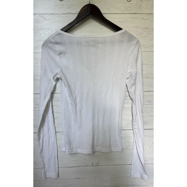 American Eagle Women's White Long Sleeve Shirt Small Ribbed Pattern 3-buttons - Image 6