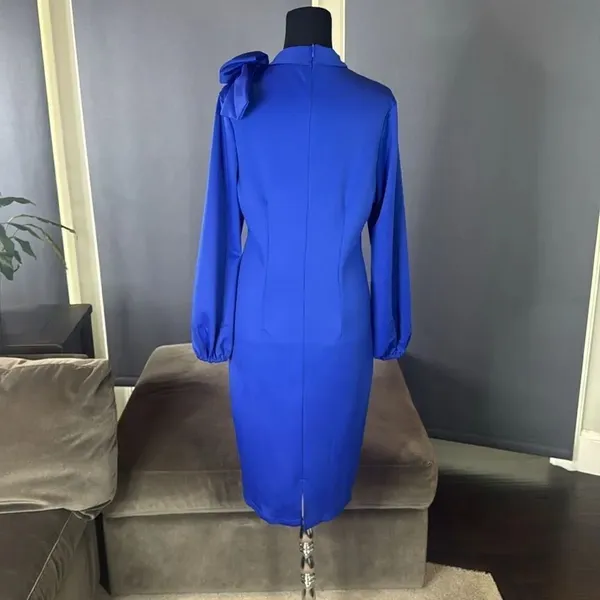 Women’s Blue Long Sleeve Midi Pencil Dress with Bow Detail Size M NEW - Image 4
