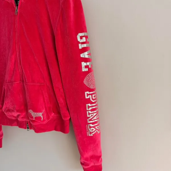 Y2k Pink Victoria'S Secret Rhinestone Embellished Velour Fur Hood Zip Up Jacket - Image 4