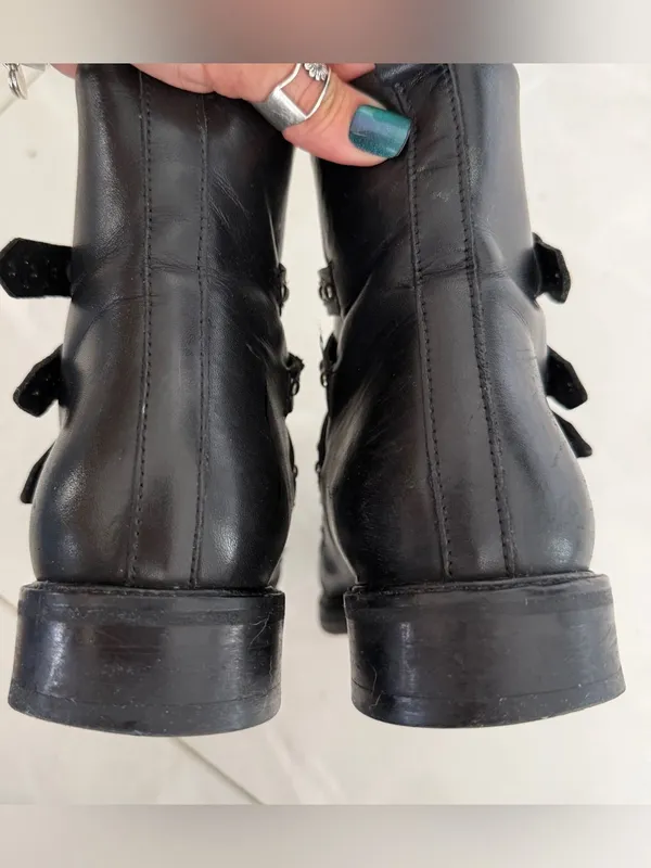 MAJE Leather Biker Boots EU 37: US 6.5 UK 4 Black Studded Buckle Straps Womens - Image 7