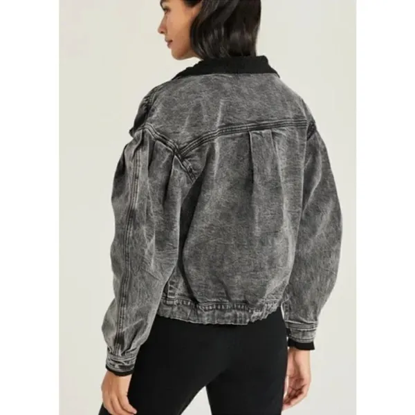Something Navy teddy denim puff sleeve bomber jacket - Image 2