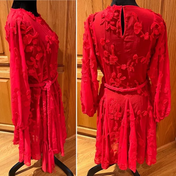 Anthropologie Mare‎ Mare Amal Puff Sleeve Textured Floral Mini Dress Red Size XS - Image 9