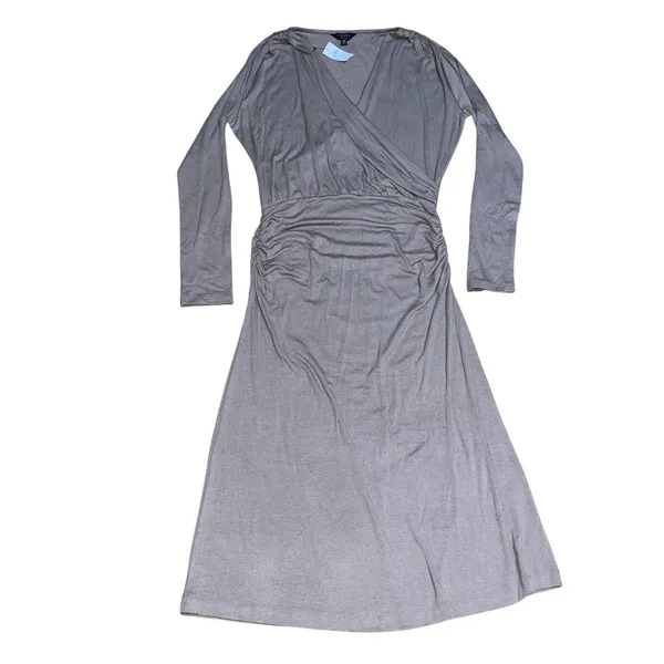 Banana Republic Soft Luxe‎ Ruched Faux Wrap Midi Dress Mocha Latte Medium - Image 2