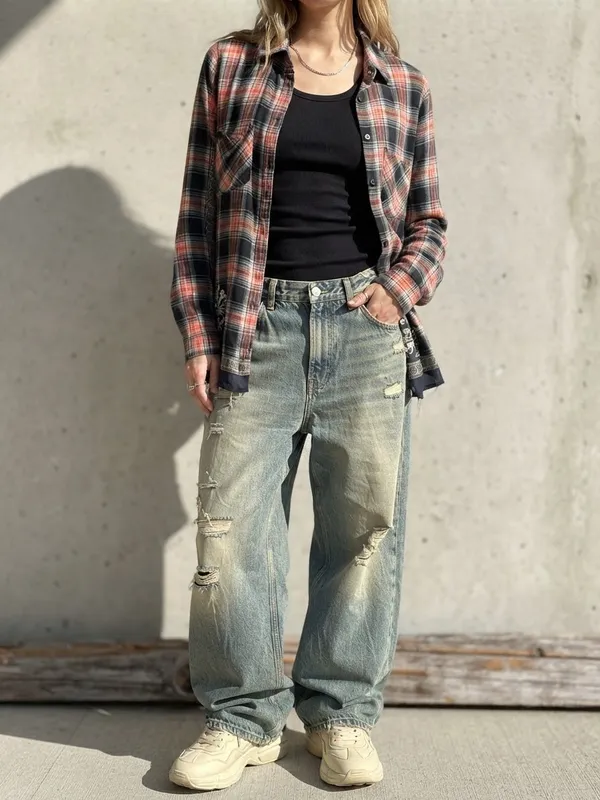 Free People Behind The Flannel Plaid & Floral Bandana Mixed Media Button Down - Image 5