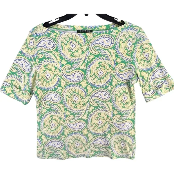 Lauren Ralph Lauren Top Womens M Green Yellow Cotton‎ Paisley Preppy Old Money - Image 2