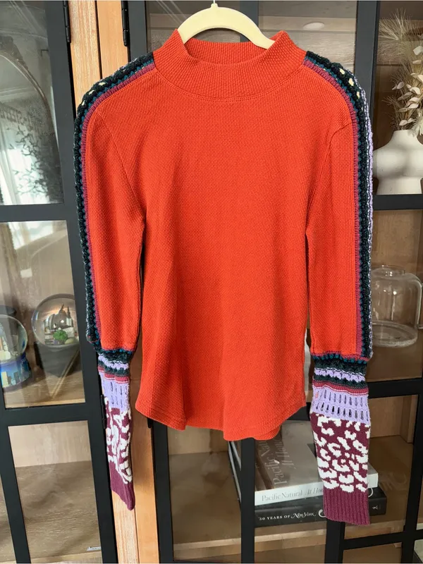 Free People Switch It Up Thermal top patchwork waffleknit crochet mock neck - Image 6