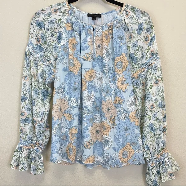 J. Crew Blue Floral Chiffon Long Sleeve‎ Blouse Size M - Image 2
