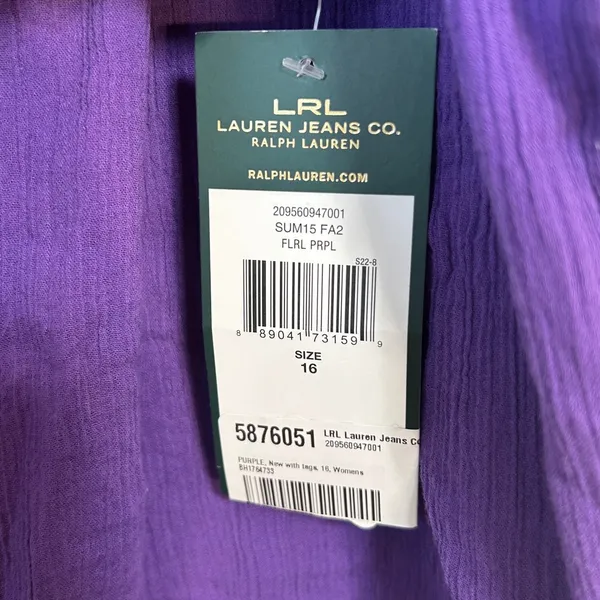 Lauren‎ Ralph Lauren Purple Cotton Gauze Maxi Dress Tie Neck 16 NEW - Image 6