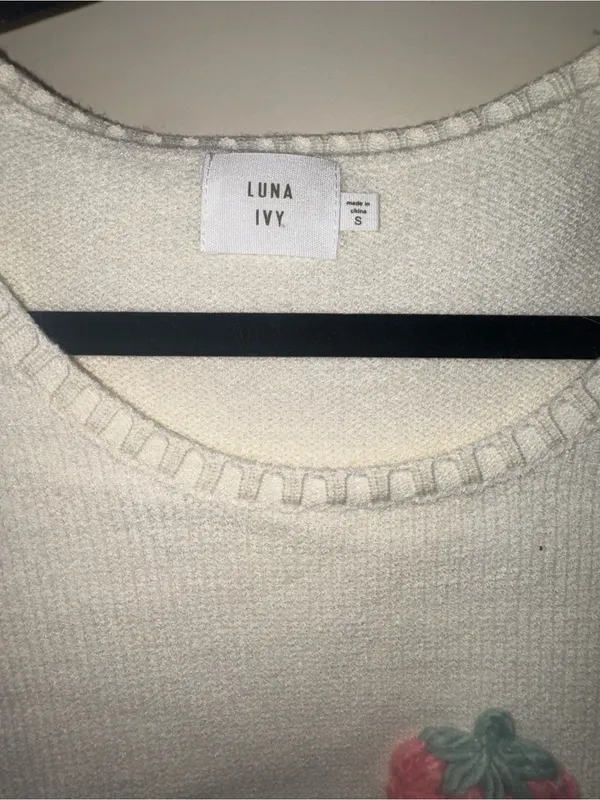 Luna Ivy Cream Strawberry Embroidered Short Sleeve Sweater Top - Image 4