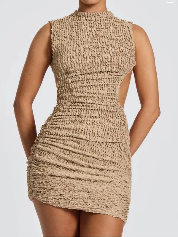 NWT Babyboo Aphrodite Beige Textured Ruched Open Back Mini Dress M - Image 2