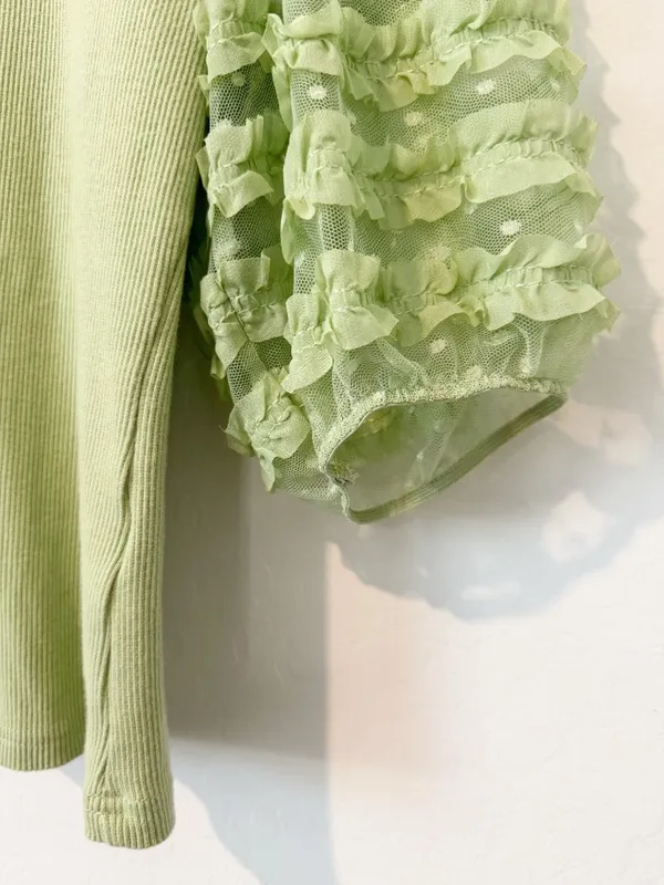 Anthropologie Dolan Puff Sleeved Blouse Size‎ Medium Green Polka Dot Ruffle Coquette Fairycore - Image 5