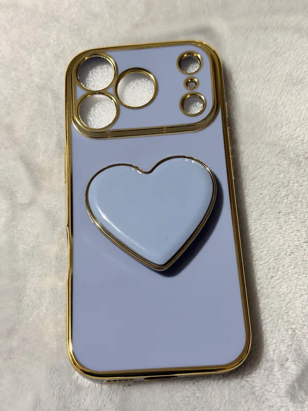 Light Blue Gold Heart Glossy Kickstand Back Case for Apple Smartphone Iphone 17 Pro - Image 5