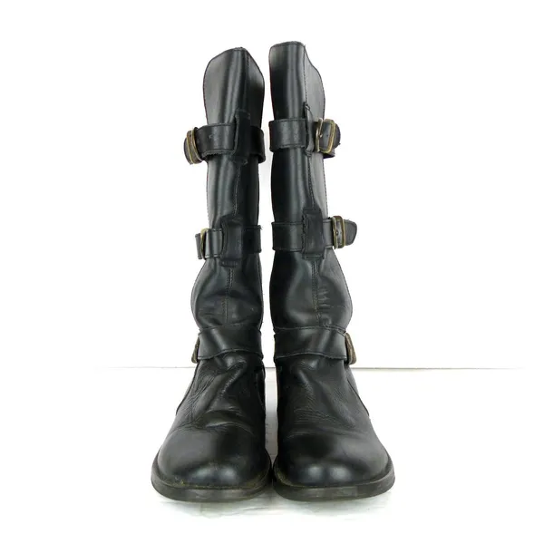 Steve Madden Buck Boots Womens 7.5 Black Leather Triple Buckle Moto Biker Y2K - Image 3