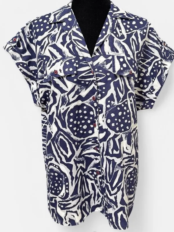 Vintage Abstract Print Button Shirt Blue White Made in USA Artsy Size Large - Image 2
