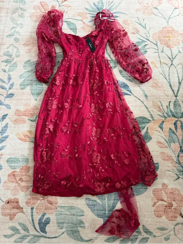 Lulu's Darling Charisma Wine Red Mesh Embroidered Midi Dress - Image 5