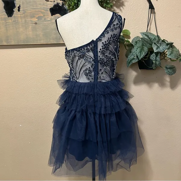 Lulus Fanciful Charm Navy Mesh Beaded Tiered One-Shoulder Mini Dress - Image 4