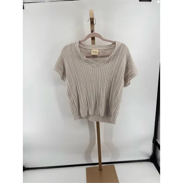 Elie Tahari Women’s Short Sleeve V Neck Beige Grey Sweater Size Large - Image 4