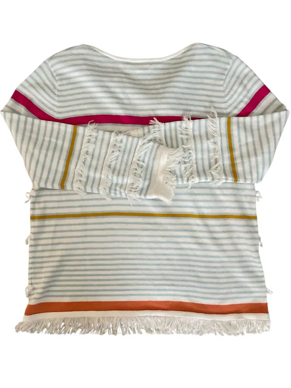 Lisa Todd White Stripe Cotton Fringe Sweater Top size Large - Image 3