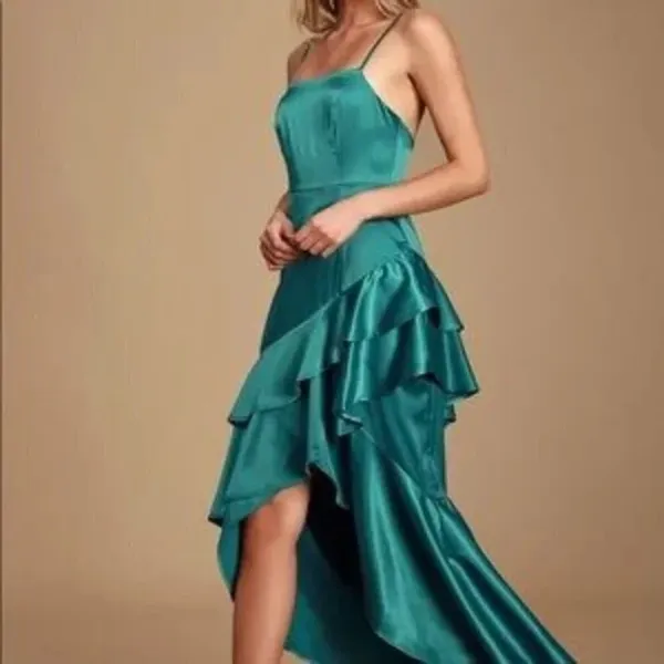 Lulus Yori Teal Green Satin‎ Ruffled High-Low Maxi Dress medium - Image 3