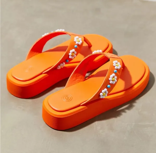 Urban Outfitters Orange UO Embellished Thong Sandal Slides Shoes Summer Pool - Image 4