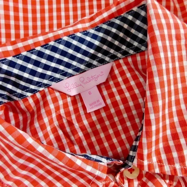 LILLY PULITZER Red White Blue Gingham Plaid Ruffled Buttondown Top Blouse Size 6 - Image 8