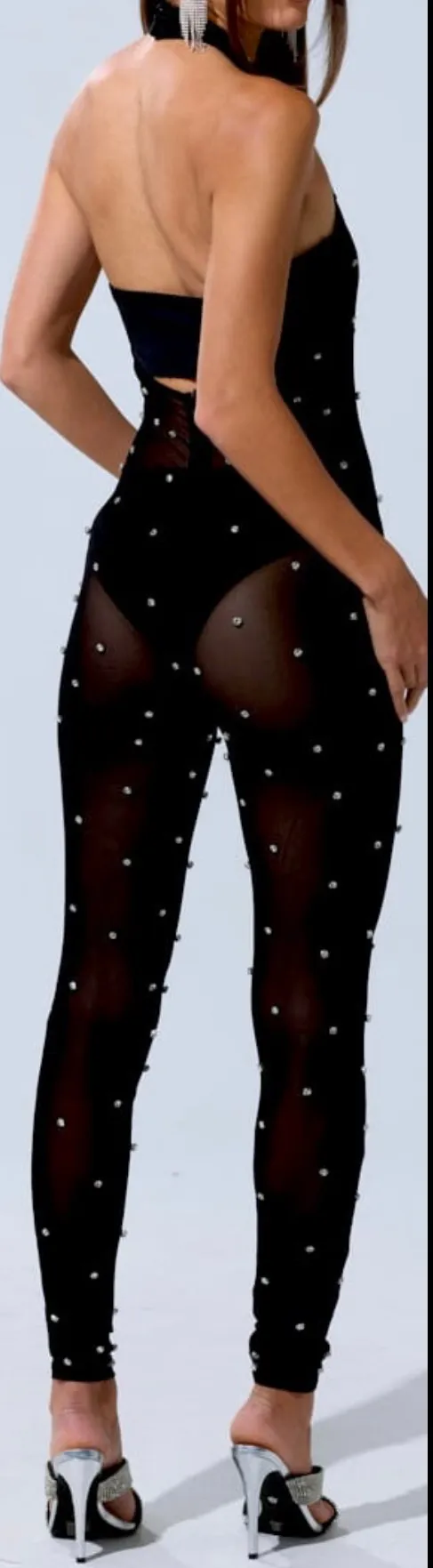 Akira NWT black sexy Alex mock neckline backless Rhinestone Mesh Jumpsuit XL - Image 4
